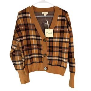 Marled Reunited Brown/Black Plaid Cardigan NWT  Size XL